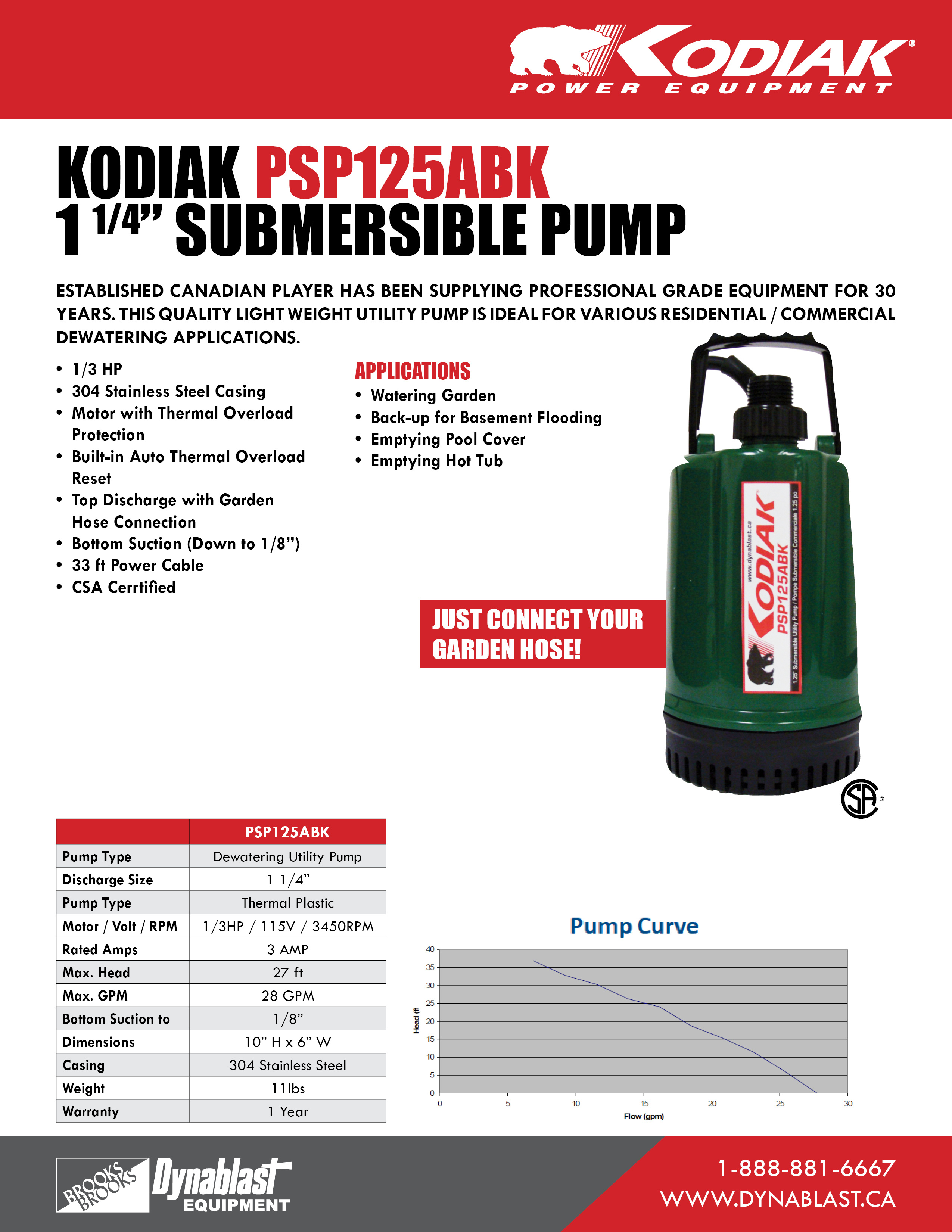 Kodiak PSP125ABK Spec Sheet English