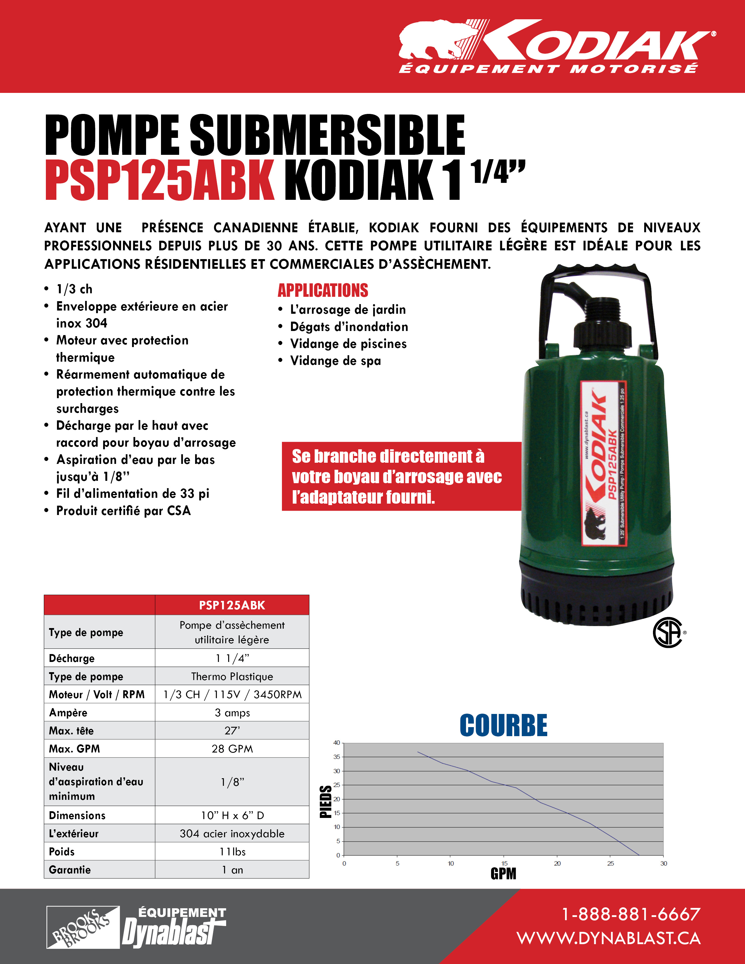 Kodiak PSP125ABK Spec Sheet French